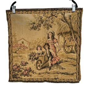Antique Victorian Kids Woven Square Tapestry Wall Decor 19"x19.5" Made in Italy